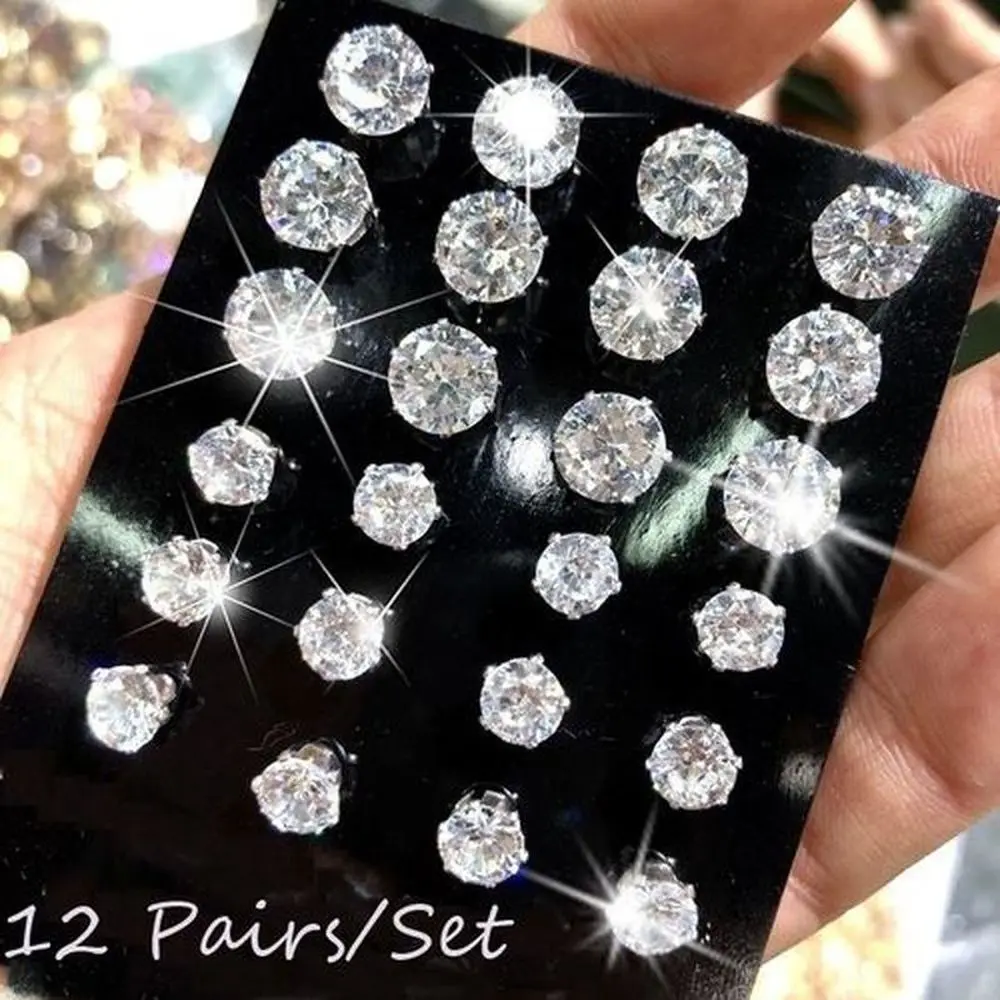 Bộ Bông Tai Zirconia Hình Khối Màu Trắng, 12 Đôi, Bông Tai Đinh tán Màu Bạc Tròn, Quà Tặng Trang Sức