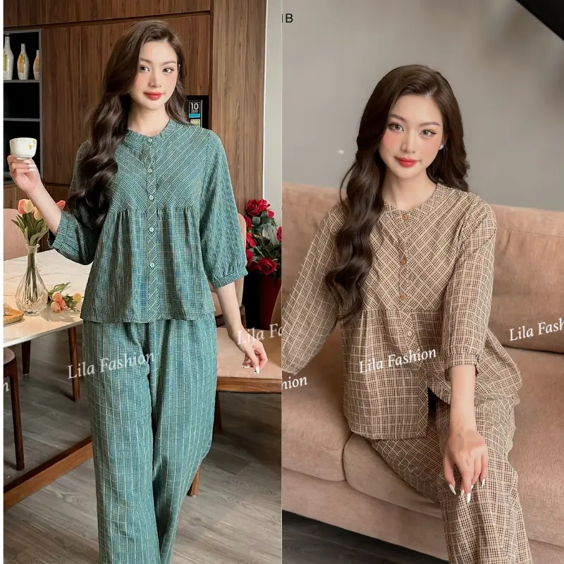 Bộ quần áo kẻ caro - K2511,pijama nữ đồ mặc nhà Lila dáng babydoll cổ tàu chất thô cotton, mềm mịn,thoáng mát 0