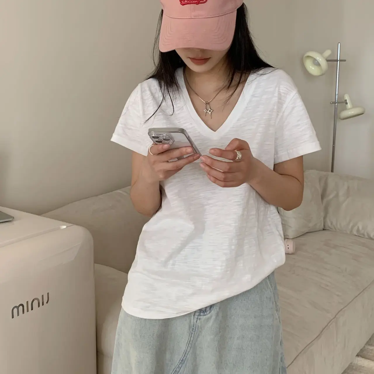 Anhstore Áo thun cổ tim nữ phom rộng chất thun xước siêu mát, áo thun babytee nữ basic Women Trắng Top Nhung Cổ Tim áo  thun Cổ Tròn ❤* áo polo cotton màu tím 8574 # thanh lịch