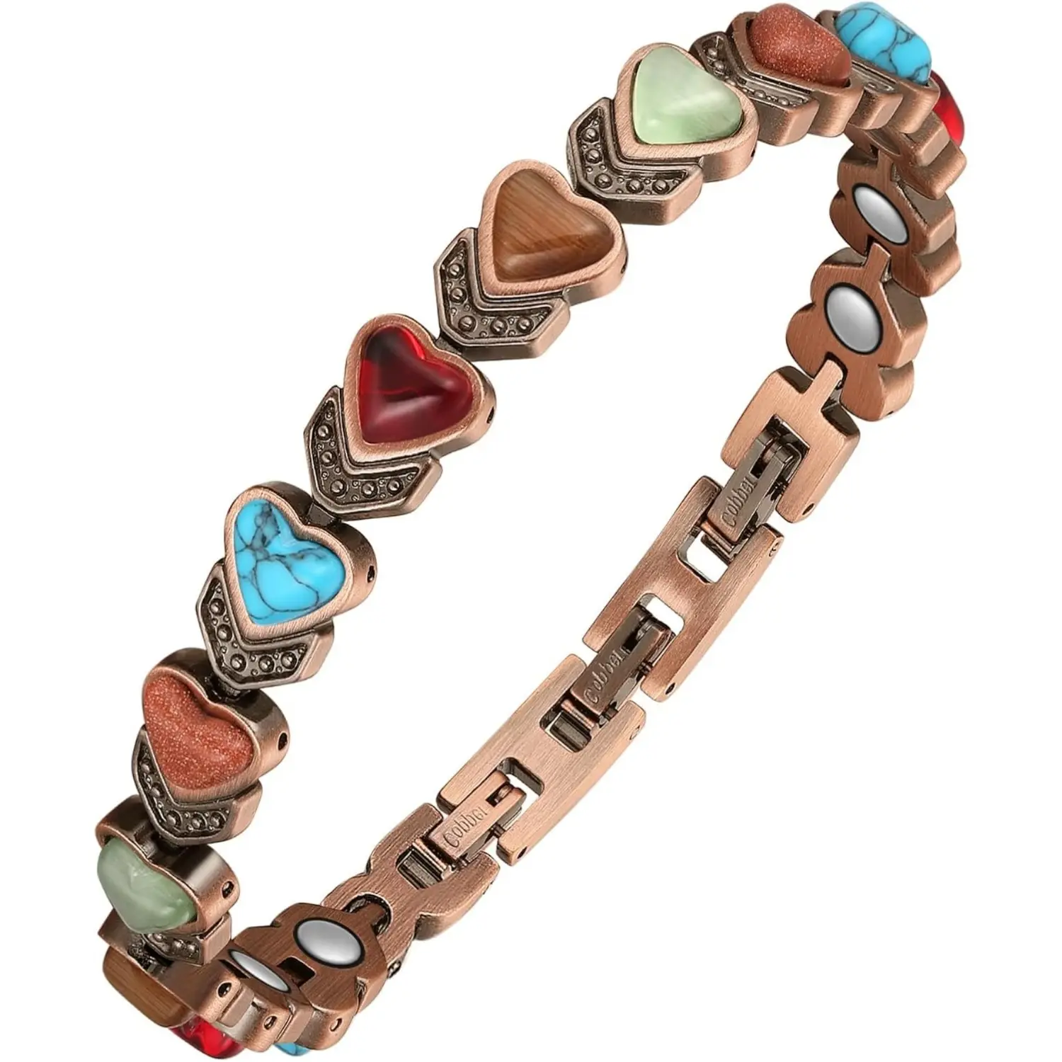 Jecanori Copper Magnetic  for Women,Copper  with Heart Shape Stone,Adjustable Length with Sizing Tool in Gift Box(Colorful), withAdjustment Tool, and Jewelry Gift Box Included, for Gift Fashion Accessories, pressure bracelet dainty bracelet