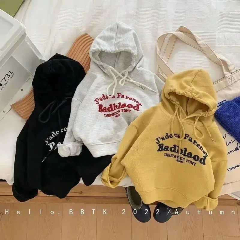 Children's Sweater 2022 Autumn New Boys and Girls Embroidered Letters Loose Hooded Pullover Sweater Quality Children's Clothing