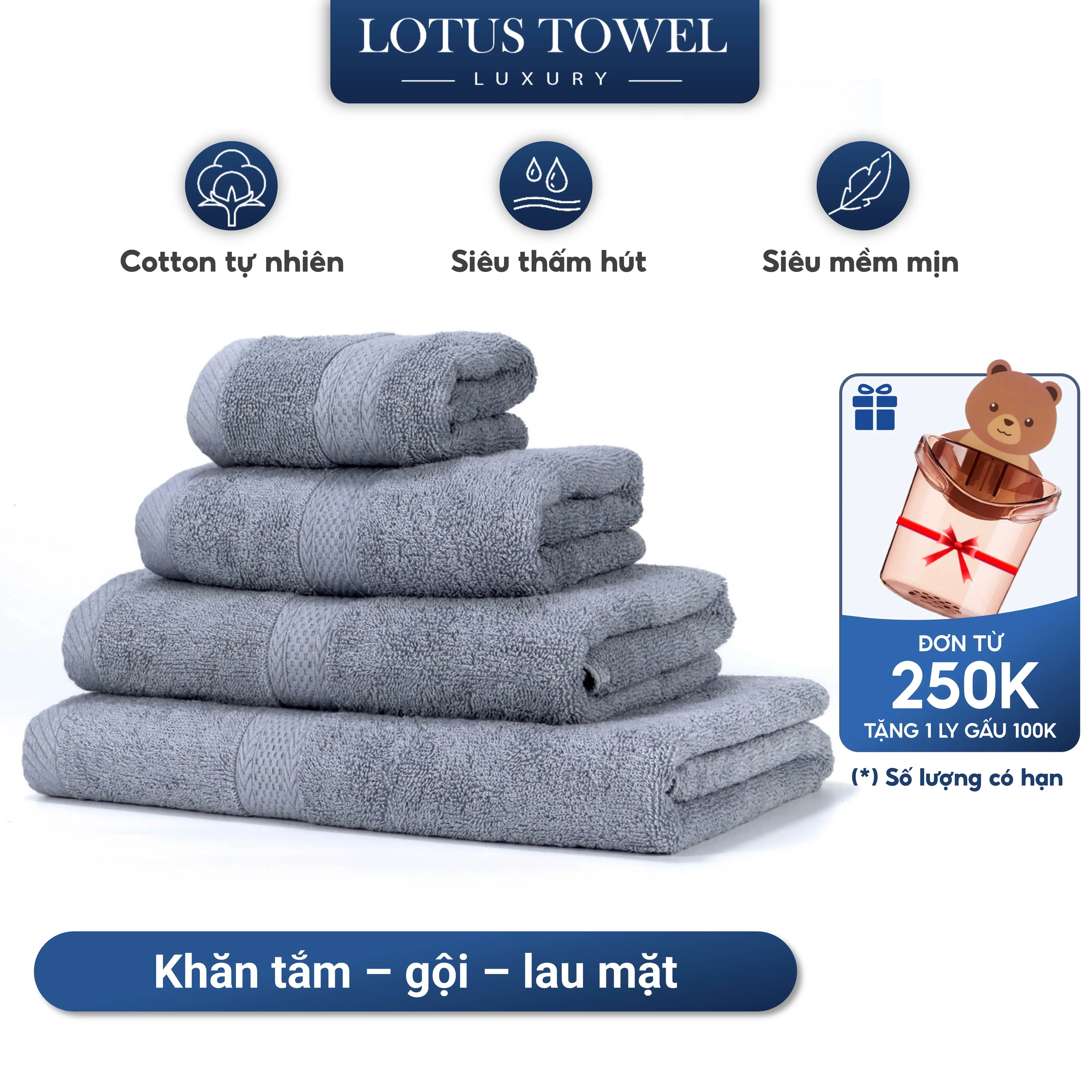 Lẻ Khăn Tắm, Gội, Khăn Mặt Châu Âu Lotustowel Làm Từ Sợi Cotton Cao Cấp Mềm Mịn, Thấm Hút, Không Ra Màu Dùng Cho Nhà Tắm, Spa, Khách Sạn, Resort