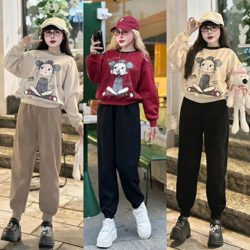 Bộ Quần Áo Nữ Form Vừa Freesize 40-60kg, Hoạ Tiết Chữ The Reader, Chất Liệu Nỉ 2 Da Women Top Kem, Set Đồ Nữ Mùa Đông, Bộ Nỉ Thu Đông Nữ, Đồ Bộ Nữ Lịch