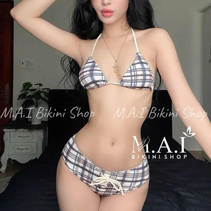M.A.I BIKINI • Sét Bikini Tam Giác Kẻ Nâu Trắng Thể Thao Cá Tính Cho Nữ