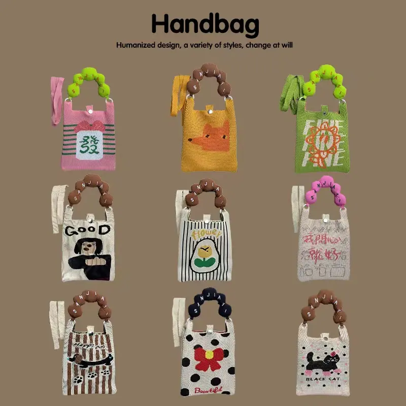 Fresh All-Matching Small Bag Summer Travel Knitted Mini Handbag Cartoon Cute Crossbody Phone Bag for Women
