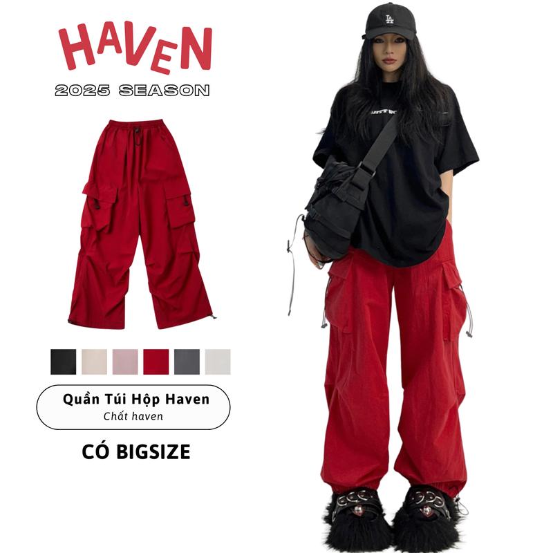 Quần túi hộp ống rộng nữ Haven kaki cotton, dây rút jogger bigsize, màu đỏ, đen, trắng, xám, be Sport Thể Dục