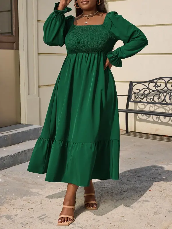 CURVZY Plus Size Plain Shirred Ruffle Hem Autumn Aesthetic Milkmaid Flounce Sleeve Dress, Plus Casual Square Neck Long Sleeve A Line Dress for Daily Wear, Fall & Winter Clothes, Casual Dresses 2