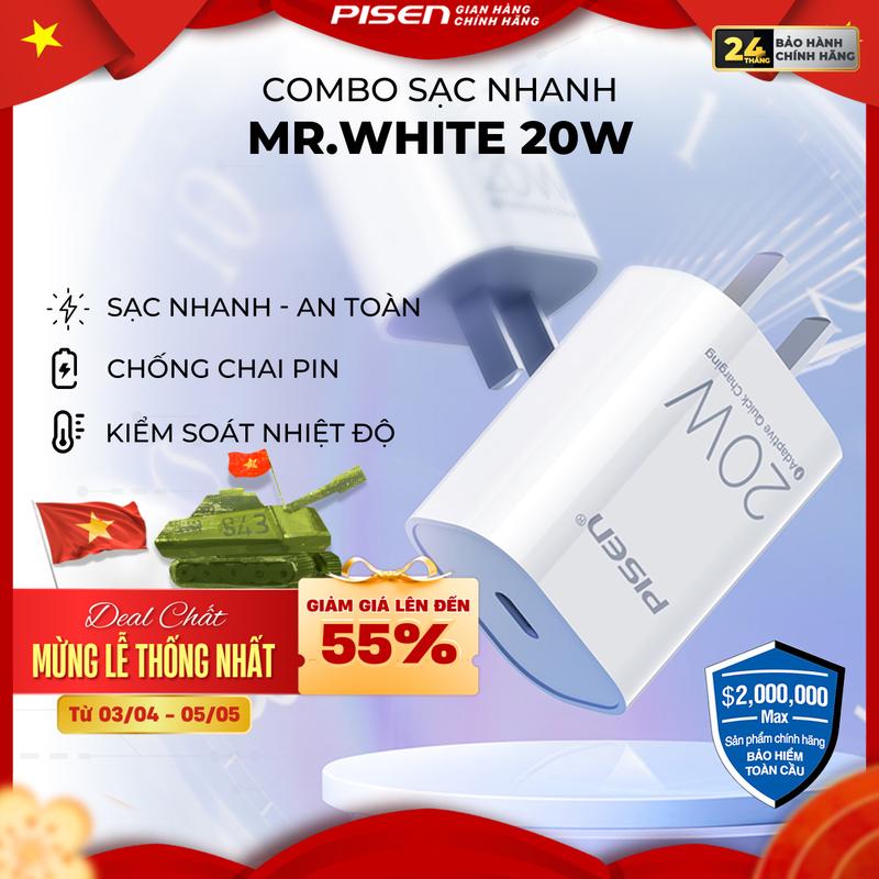 [PISEN] Bộ Sạc Nhanh Gấp 3 Lần | Nhỏ Gọn, Chống Chai Pin, Chip Thông Minh, Phù Hợp Cho Tất Cả Các Dòng Máy IOS/Android | PISEN QUICK - Mr White USB-C 20W C2L/C2C | TS-C135A |  | Bảo Hành 18 Tháng 1 Đổi 1 | Bảo Hiểm 2 Triệu Đô Toàn Cầu