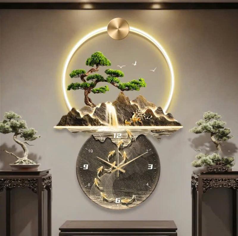 Tranh Đồng Hồ Tráng Gương Sơn Thủy Hữu Tình Đèn Led Nhập Khẩu Treo Phòng Khách Cực Sang Decor Nhà  Trang Trí Treo Tường