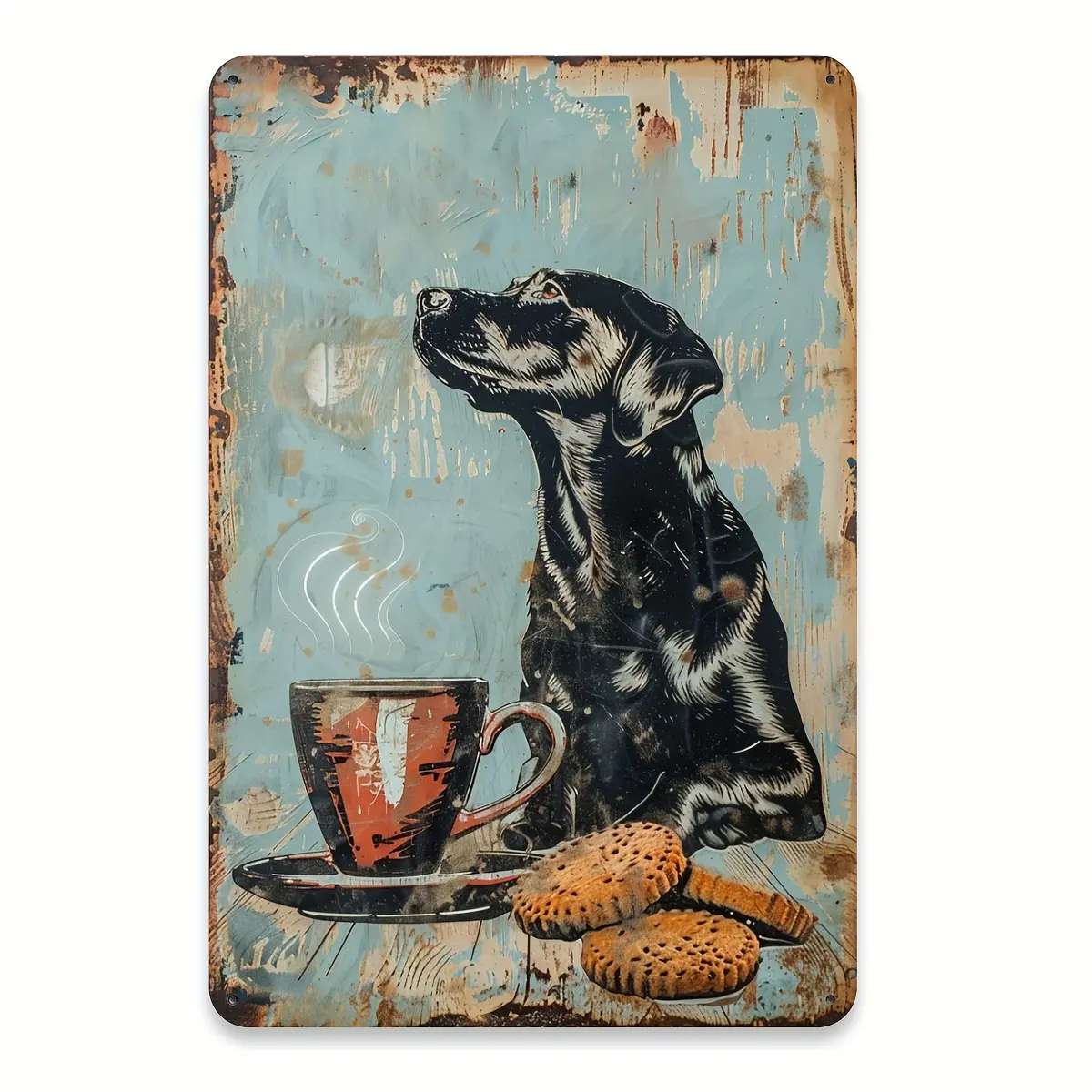 Vintage Black Dog Coffee Metal Tin Sign – Retro Wall Art for Home, Cafe, Garage, or Garden Decor, 20.32x30.48 cm Durable Iron Plaque with Pre-Drilled Holes for Easy Hanging, Perfect for Room Decor