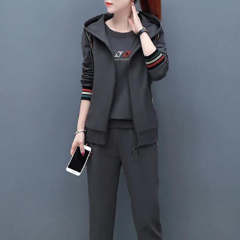 Bộ Áo Nỉ Và Quần, Áo Khoác Không Tay Có Mũ, Cổ Tròn, In Họa Tiết Rộng Rãi, Ấm Áp, Eo Co Giãn, Dây Kéo, Bộ Đồ Thể Thao Mùa Thu Để Mặc Hàng Ngày, 3 Cái / bộ 2