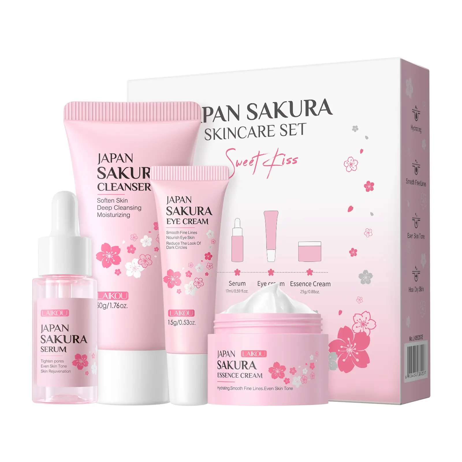 FJX-SHOP Laiko Japanese Sakura Facial Care Set 4-Piece Cleansing Essence Eye Cream Facial Cream
