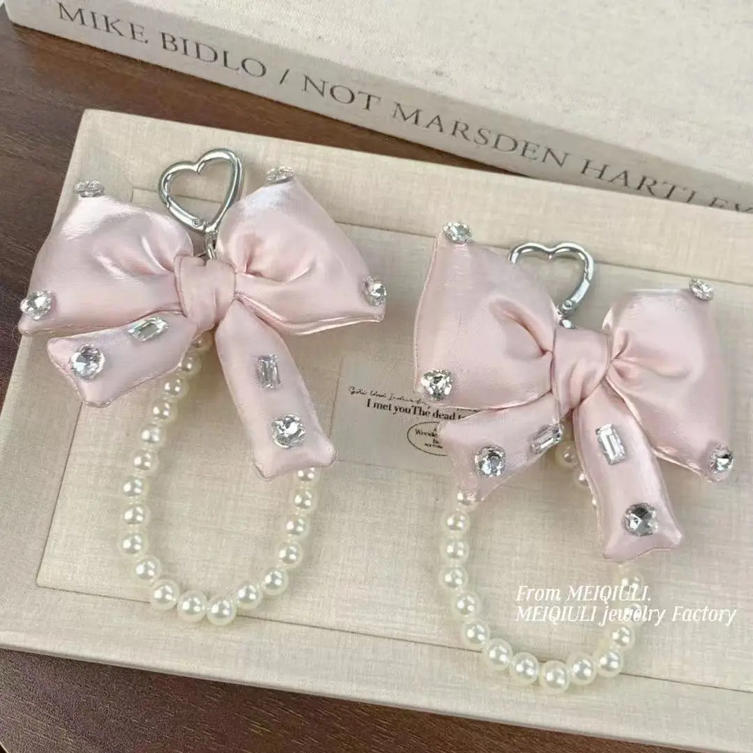 Premium Flash Diamond Satin Bow Bag Pendant Small Fragrant Wind Pearl Beaded Mobile Phone Pendant Keychain Accessories