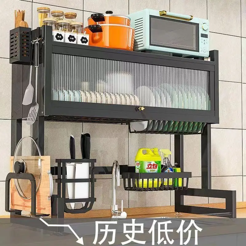 [Efficient Use of Sink Space] Kitchen Sink Organizer Countertop Bowl Dish Rack Multi-Functional Dustproof with Cabinet Door Bowl Plate Storage Draining Rack