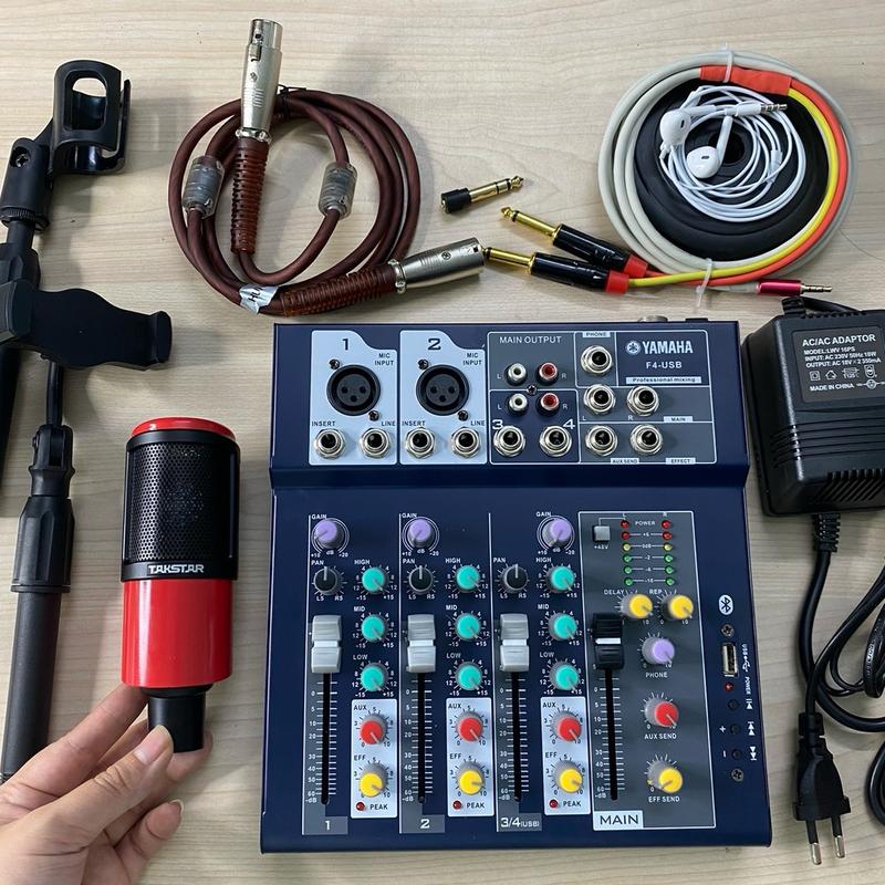 Bộ thu âm mixer F4 nguồn 220v màu xanh kèm míc Takstar K320 nguồn 48v màu đỏ đen đầy đủ dây 2 chiều tai nghe sử dụng điện thoại hoặc âm ly Kem