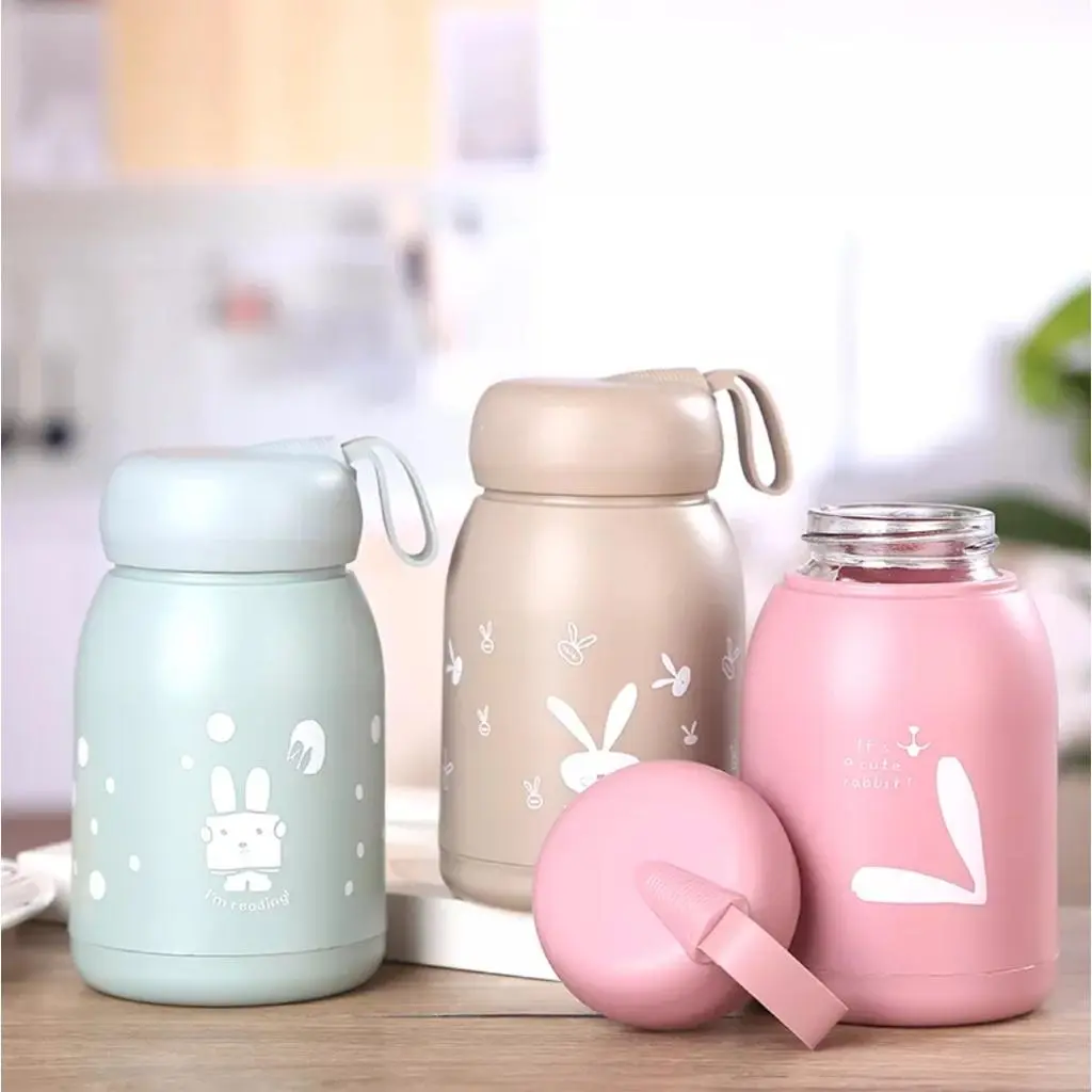 Fashion Animal Design Cute Rabbit Stainless Steel Thermal Vacuum Tumbler Cups With Silicone String