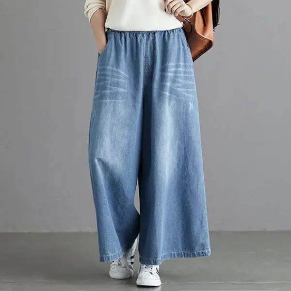 Wide-Leg Jeans Women's Elastic Waist Spring New Loose High Waist Wide Leg Pants Straight plus Size Korean Style Draped Pants Womenswear Bottom Lingerie Trouser Lady Comfort Denim Pocket Streetwear Basic Minimalist