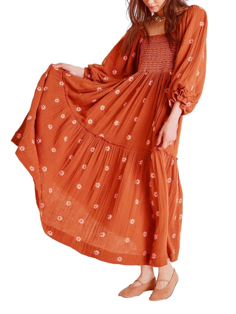 Product Introduction of Women's Floral Embroidery Frill Trim Shirred Flounce Sleeve Dress, Boho Fashion Long Sleeve Square Neck A Line Dress for Daily Holiday Vacation Wear, Ladies Dress for All Seasons, Dresses for Women,  Spring Dress 8