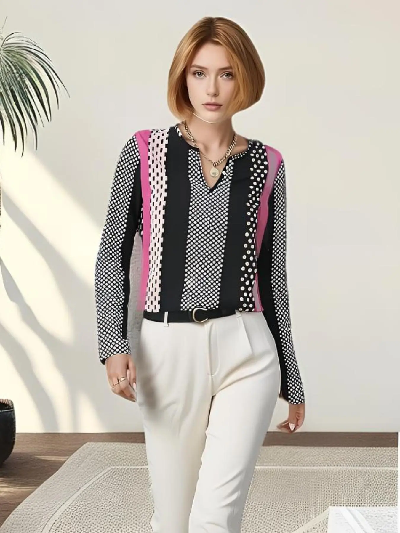 Women's Striped Print Blouse, Casual Long Sleeve Top for Summer, Ladies Clothes for Daily Wear