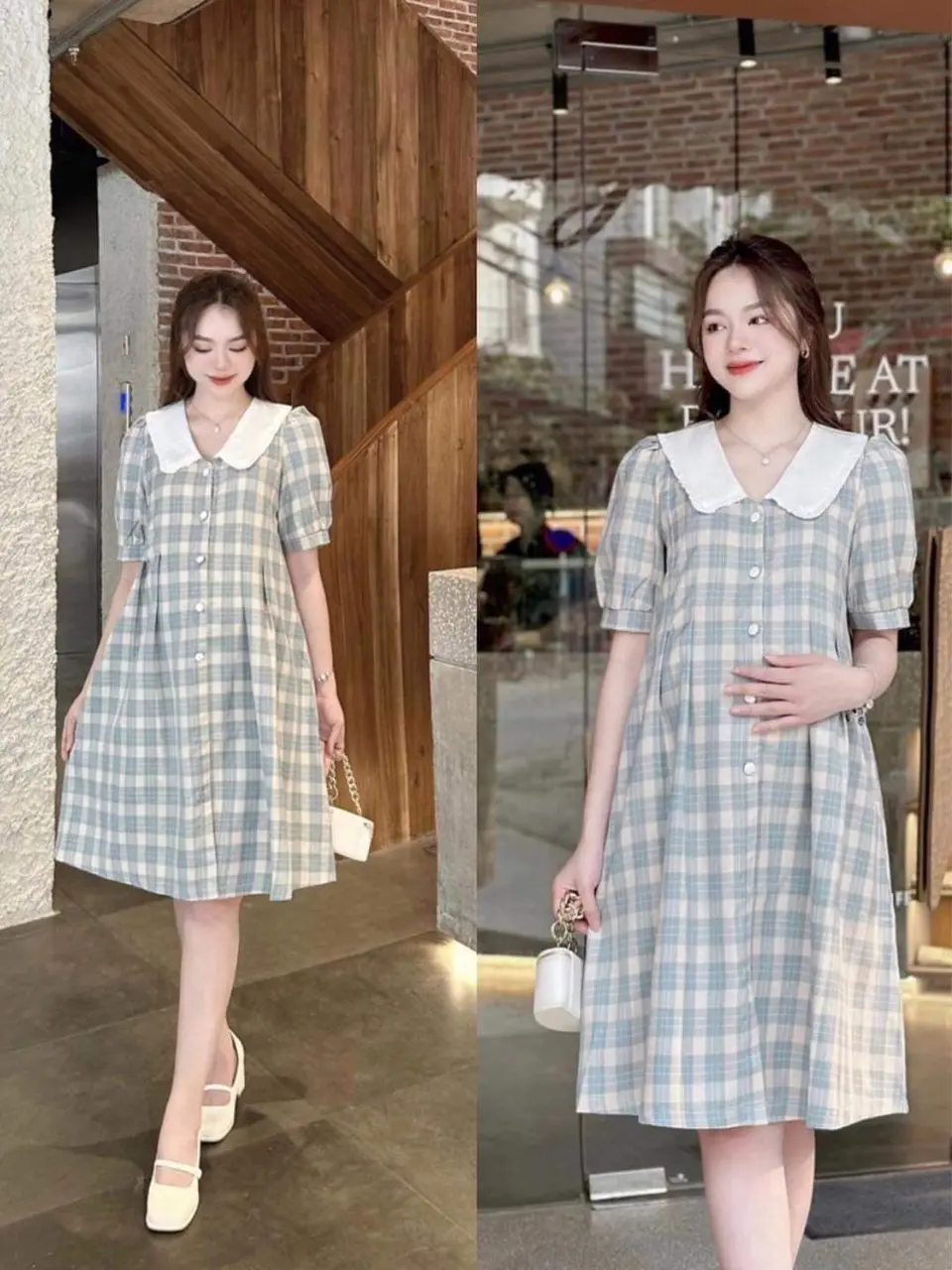 Váy bầu xinh dáng chữ A kẻ caro phối cúc đính cực xinh,chất thô hàn phù hợp đi làm đi chơi size 40-75kg