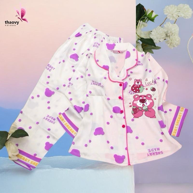 [10-55Kg] Đồ Bộ Pijama  dài tay In Gấu Vải Lụa Latin Cao Cấp - ThaoVySleepwear - Xanh Rêu Đỏ Hồng Tím - Quần Áo Ngủ Pijama Nữ - Bé Gái - Bộ Ngủ Lụa Đồ Bộ Mặc Nhà Homewear Sleepwear Không Nhăn Co Giãn Không Xù Giặt Không Rút 0