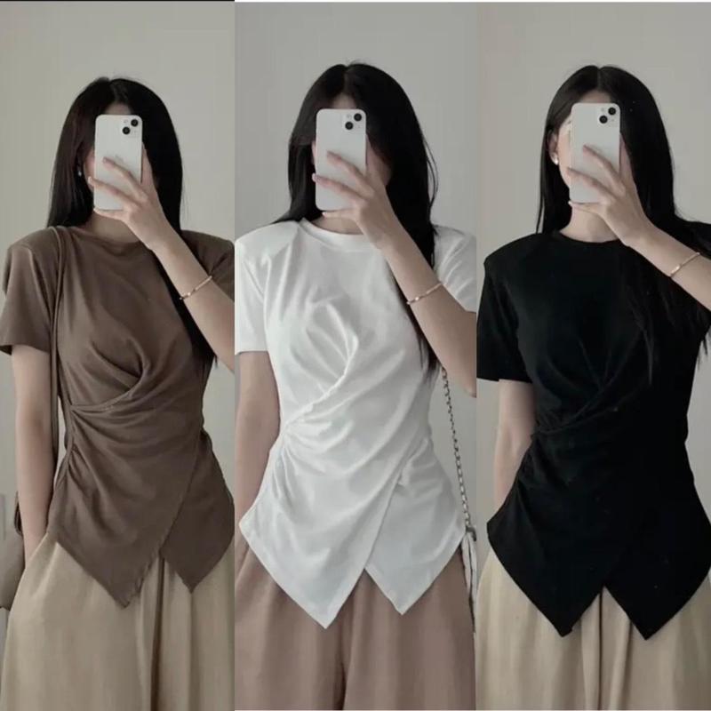  Thời Trang Bigsize Áo Thun Vải Thun Tăm  50 - 100Kg Dễ Thương Top Nữ Cổ Tròn Đen Women - A.1194 