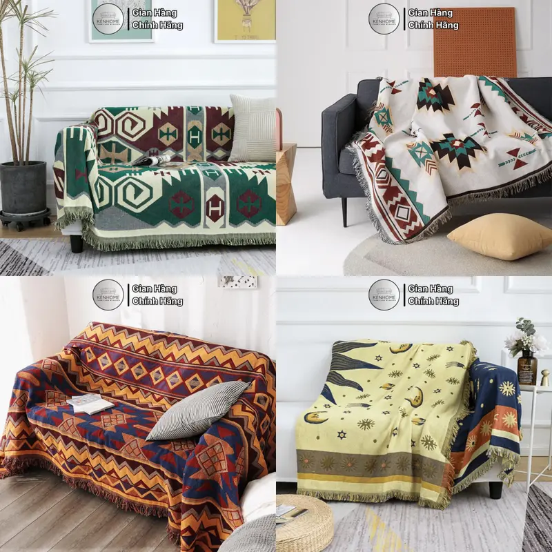Khăn Trải Sofa Họa Tiết 2 Mặt, Thảm Trải Bàn Phối Ren Tua Rua, Thảm Picnic Phong Cách Bắc Âu Màu Sang Trọng, KENHOME 7