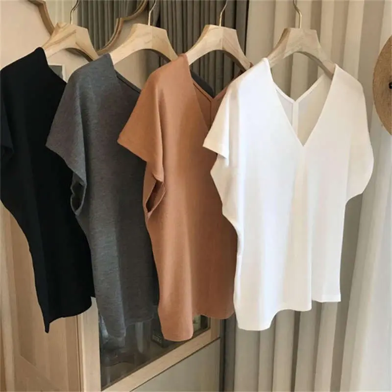 Plus size Ice Silk 150.00kg summer temperament V-neck casual short-sleeved T-shirt solid color top for women