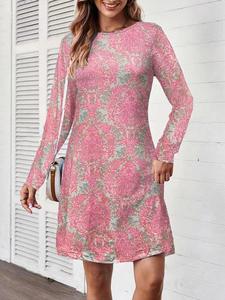 Women's Floral Print Long Sleeve Dress, Casual Round Neck Short Dress for Spring & Fall, Women's Clothing for Daily Wear