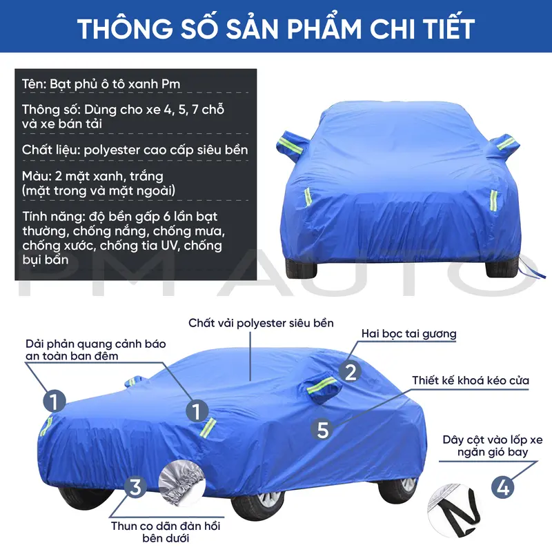 Bạt phủ ô tô XANH PM vải dù 210D siêu bền, bạt che nắng ô tô siêu nhẹ chống nắng, mưa, xước, bụi bẩn, dùng cho xe từ 4 chỗ, 5 chỗ, 7 chỗ và bán tải 1