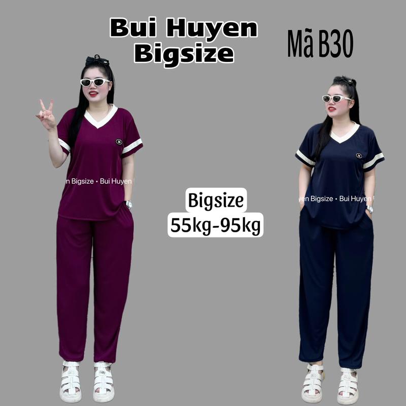 B30-Bộ Áo Cộc Cổ TIm Phối Tay Quần Baggy Suông Chín Tấc BIGSIZE 55-95KG