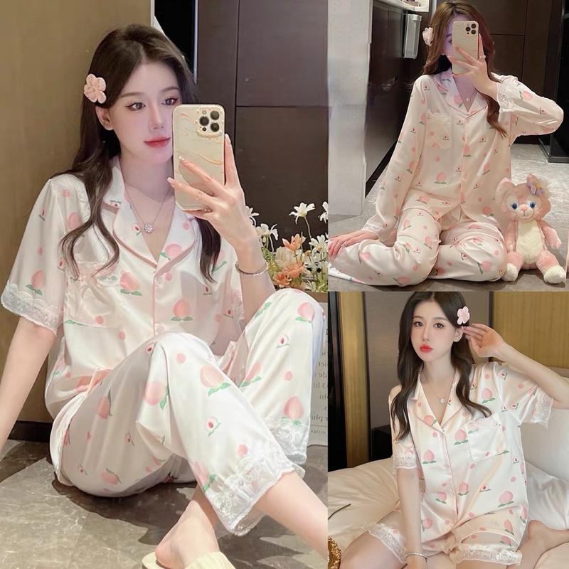 Bộ Pijama Lụa Latin Mát Mềm Hình Quả Đào Cho Nữ - Viền Màu Sắc Pastel Sang Đẹp - Ba Dáng Đùi Tay Ngắn Và Tay Dài Cho Nữ Mặc Nhà  Women Áo Ngủ Quần Ngủ