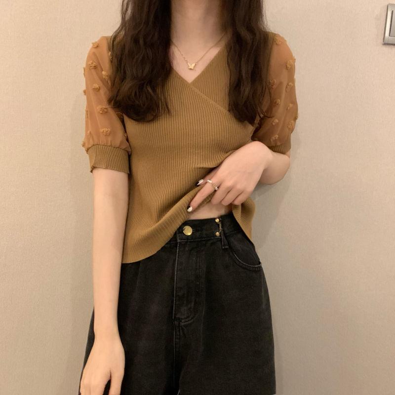 Product Introduction of Áo Thun Thiết Kế Voan Dáng Ôm, Knatwear, Cổ Chữ V, Ngắn, Dành Cho Nữ, Màu Đỏ Ngủ, Quần Áo Nữ 21
