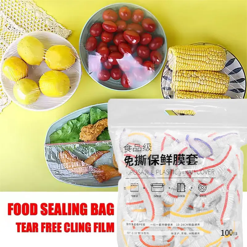 100pcs Disposable Food Plastic Wrap Cover, Fruit Food Packaging Refrigerator Storage Elastic Fresh-keeping Bowl Cover