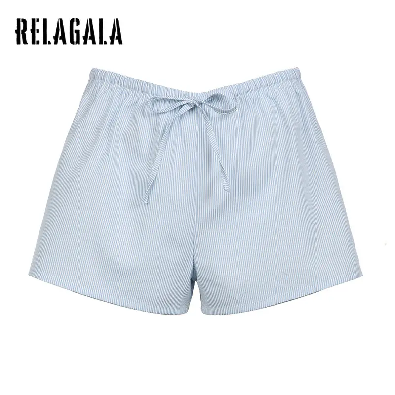 RelaGala Women's 2024 American Street Comfort Daily Wind Lace-Up Striped Loose Shorts