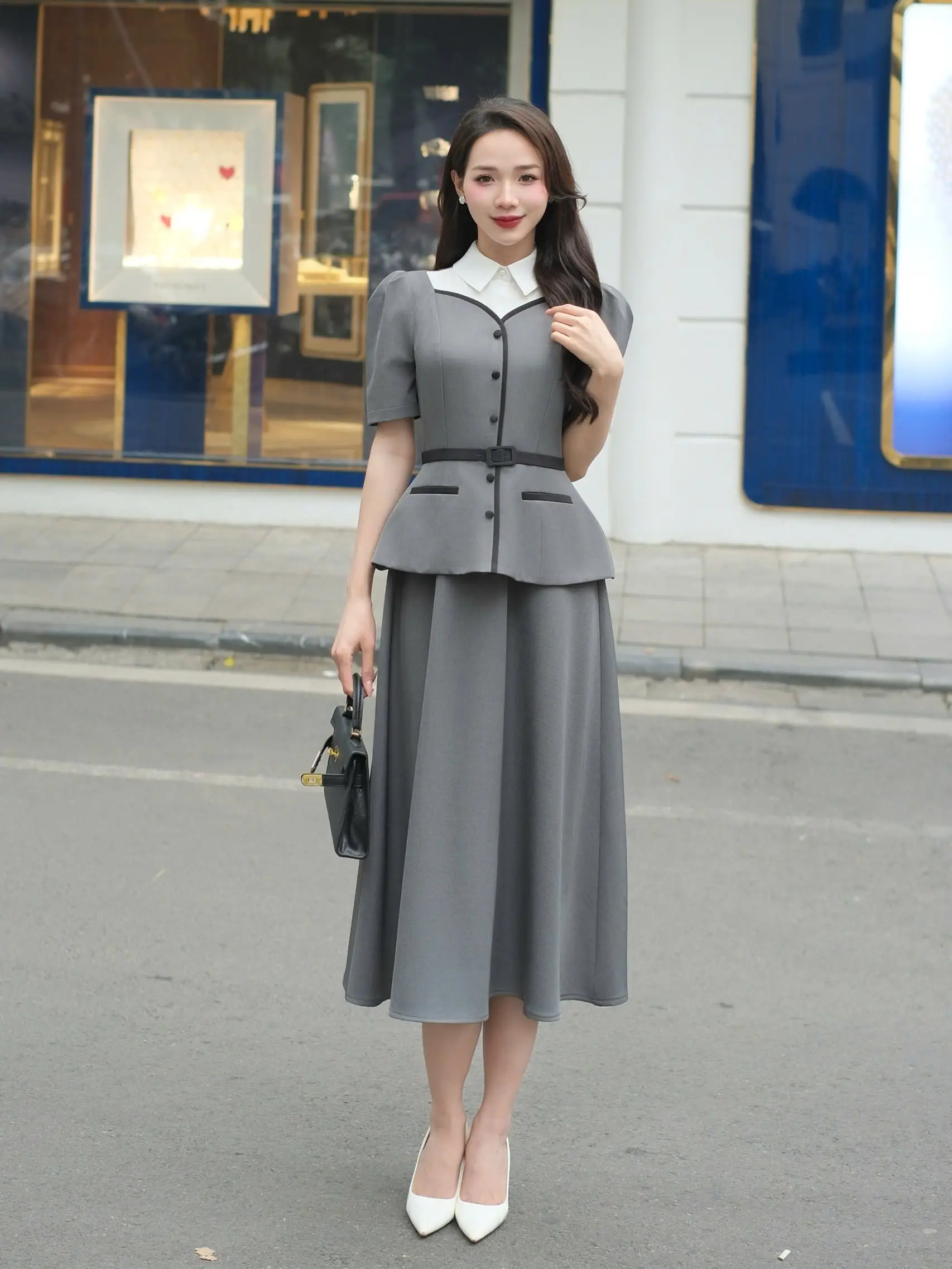 { Deal mở bán } HOABONG Đầm Xòe Peplum Phối Màu Sang Trọng Thanh Lịch Royal Allure Dress
