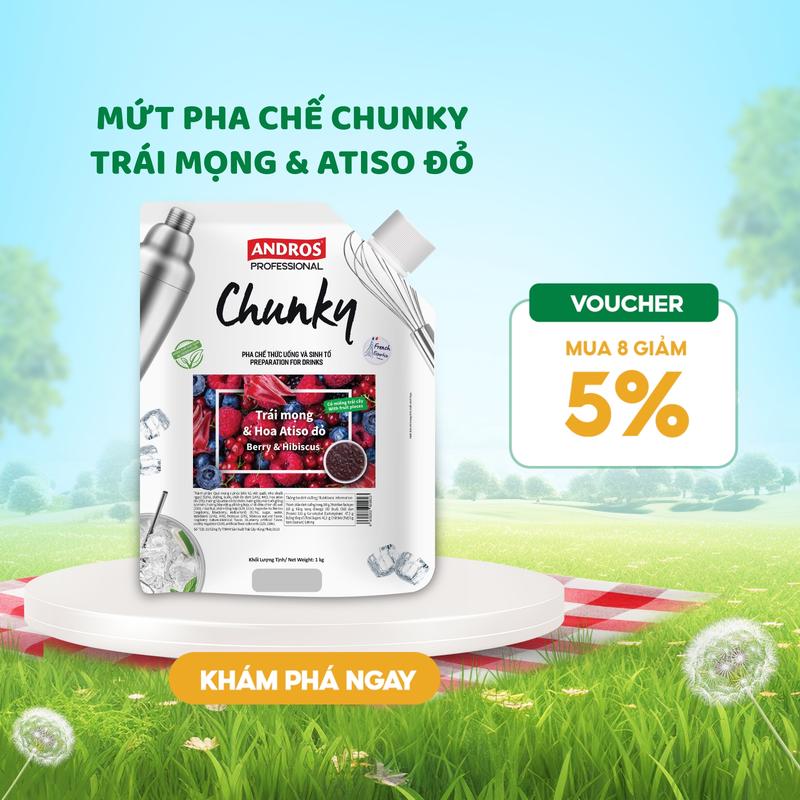 Mứt Trái Cây Pha Chế Trái mọng & Hoa Atiso đỏ - Có miếng Trái Cây Thật - Vị Chua Ngọt Tự Nhiên - Nguyên liệu pha chế - ANDROS CHUNKY - 1kg - Foods Topping Thức Ăn