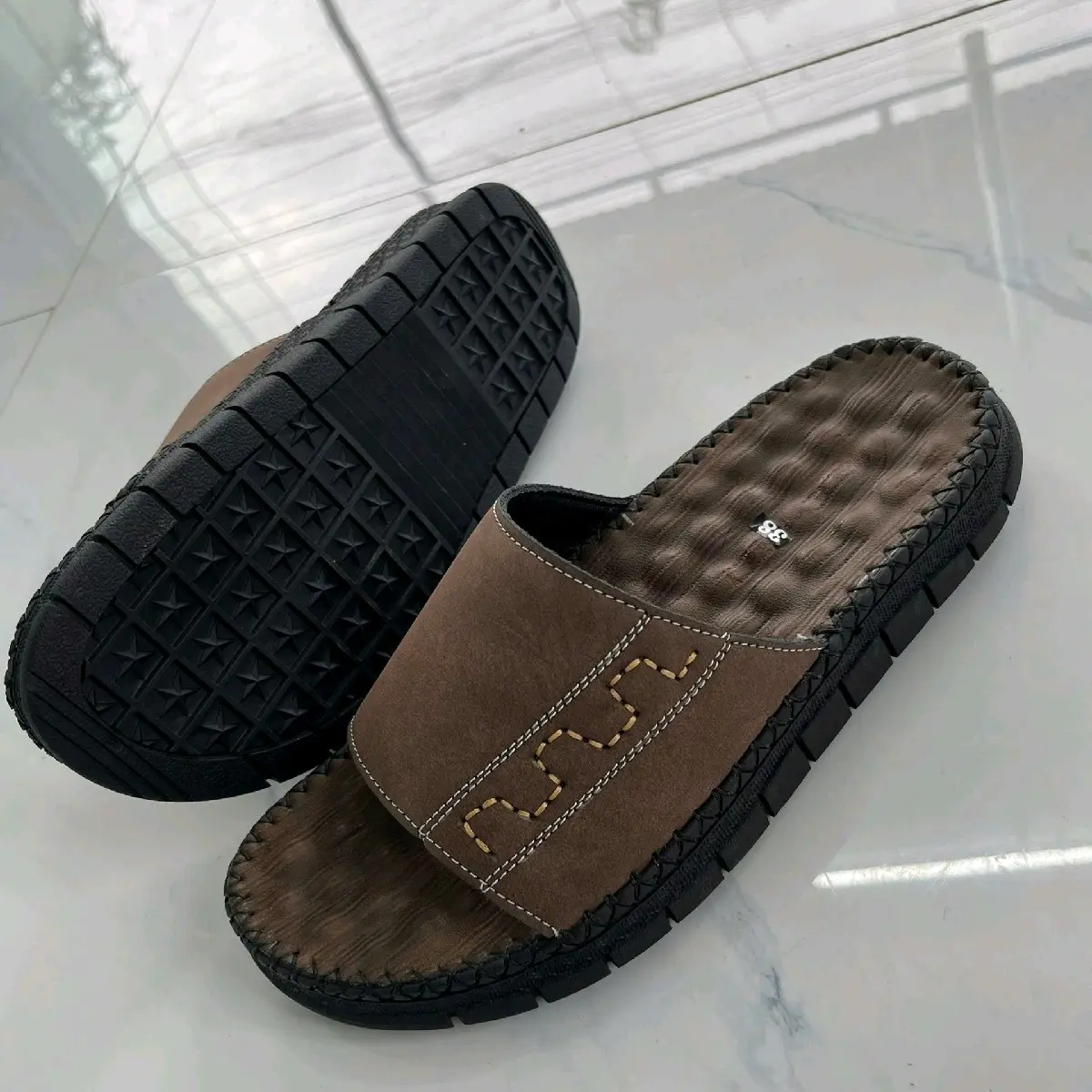 Dép Da Nam Cao Cấp Quai Bản Ngang , Đế Khâu Chỉ Slipper Dép