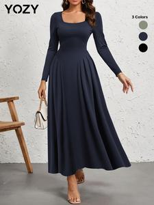 YOZY Valentine's Day Gift for Girl, Women's Plain Square Neck Long Sleeve A Line Dress, Elegant Casual Solid Color Dress for Daily Outdoor Wear, Ladies Clothes for All Seasons, Fall & Winter Clothes