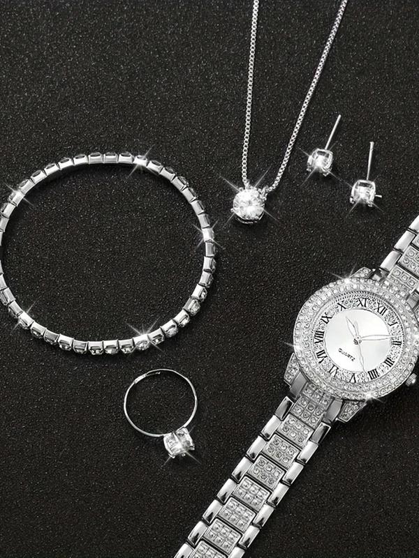Women's Elegant Round Dial Quartz Watch & Jewelry Set, Including Watch & Ring & Earrings & Bracelet & Pendant Necklace, Fashion Watch Set for Party, Daily Decor, Exquisite Watch Set for Gift 2