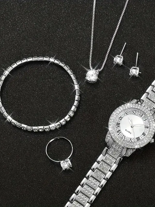 Women's Elegant Round Dial Quartz Watch & Jewelry Set, Including Watch & Ring & Earrings & Bracelet & Pendant Necklace, Fashion Watch Set for Party, Daily Decor, Exquisite Watch Set for Gift 2