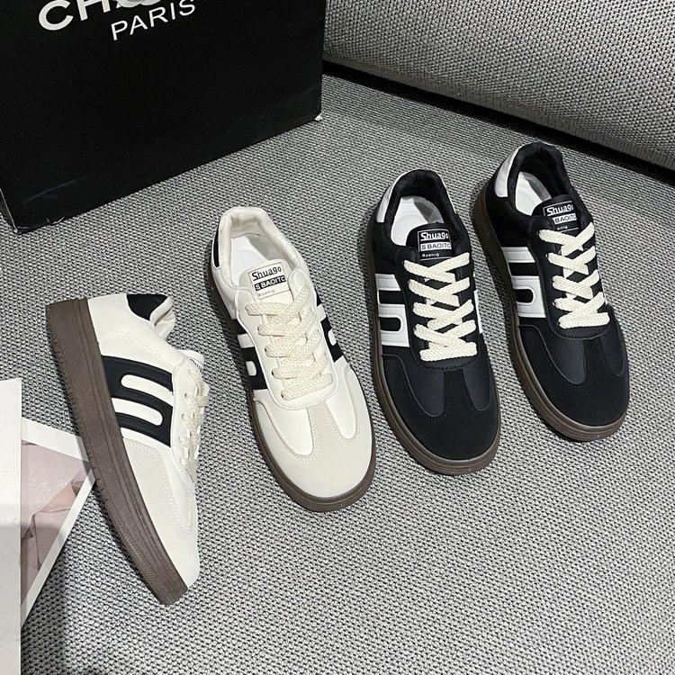 Giày Trượt ván Thể Thao, JINxCHOY SHOES, Phong Cách Hàn Quốc, Đầu Tròn, Buộc Chéo, Gót Trung Bình Chất Liệu PU, Thời Trang Độc Đáo Thích Hợp Mặc Hàng Ngày, Màu Trơn Chống Trượt, Lý Tưởng Để Tập Luyện Đạo Đức Cho Học Sinh, Dành Cho Nữ, SS24 Sneaker Đế Bằng