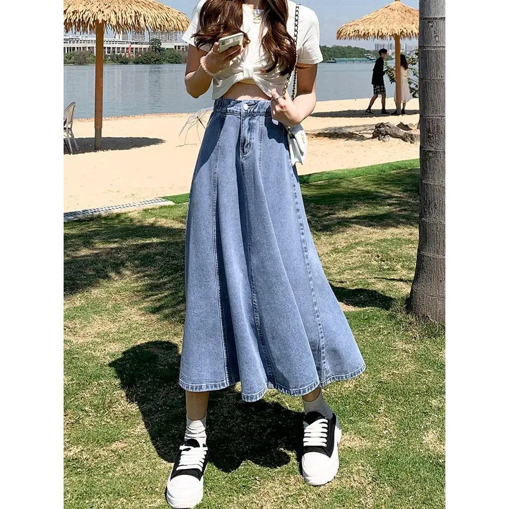 Chân Váy Denim, Cạp Cao, Dành Cho Nữ, Hàng Mới Về 2022, Phong Cách Mùa Thu, Dài Trung Bình Xếp Ly, Dáng Ô Xếp Ly Chữ A Mỏng Vừa Vặn