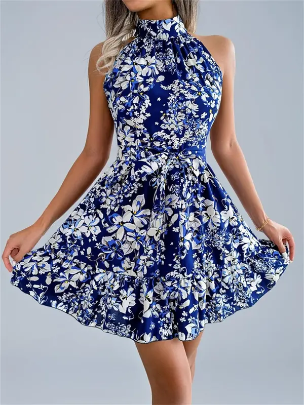 Women's All Over Floral Print Belted Dress, Casual Sleeveless Dress for Summer, Women's Clothes for Beach Holiday 6