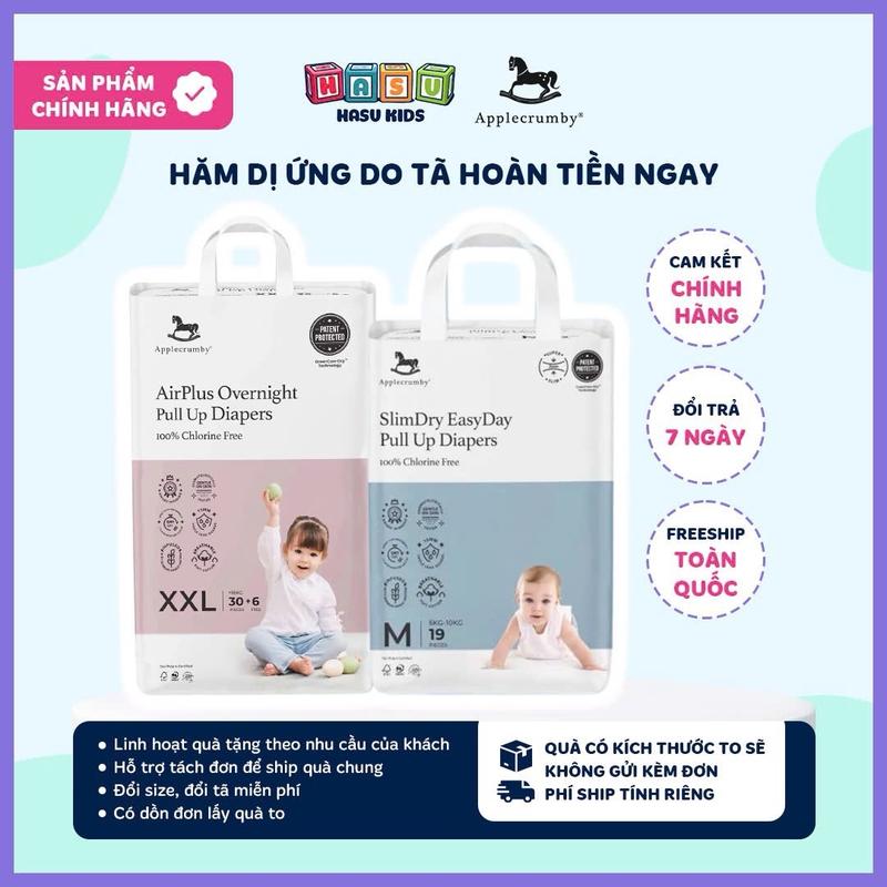 Tã/Bỉm dán/ quần AppleCrumby Overnight - Slimdry Easyday cao cấp đủ size NB20/S23/M21/L19/XL17/XXL15 thấm hút, khô thoáng Cho Bé