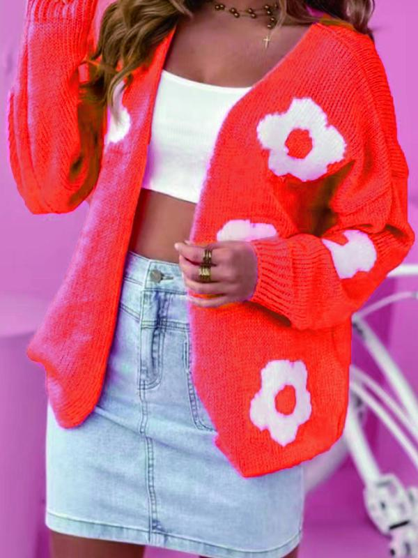 【Plus Size】 Floral Print Cardigan Sweater, Casual Longsleeves Open Front Crochet Top Knitwear for Fall & Winter, Cardigan for Women, Women's Plus Clothing for Everyday Daily Wear, Womenswear, Lady Knitting Casual Classy Top 5