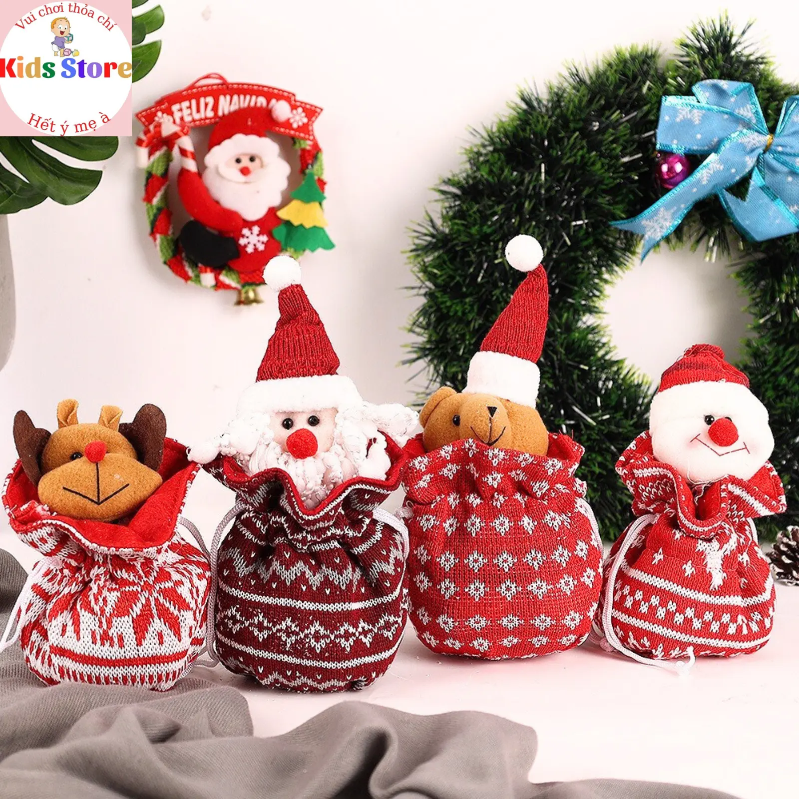 Túi Đựng Quà Noel Hình Ông Già Noel, Người Tuyết, Tuần Lộc, Gấu Nâu Bằng Len Nhiều Màu Sắc Dài 25cm Có Dây Rút