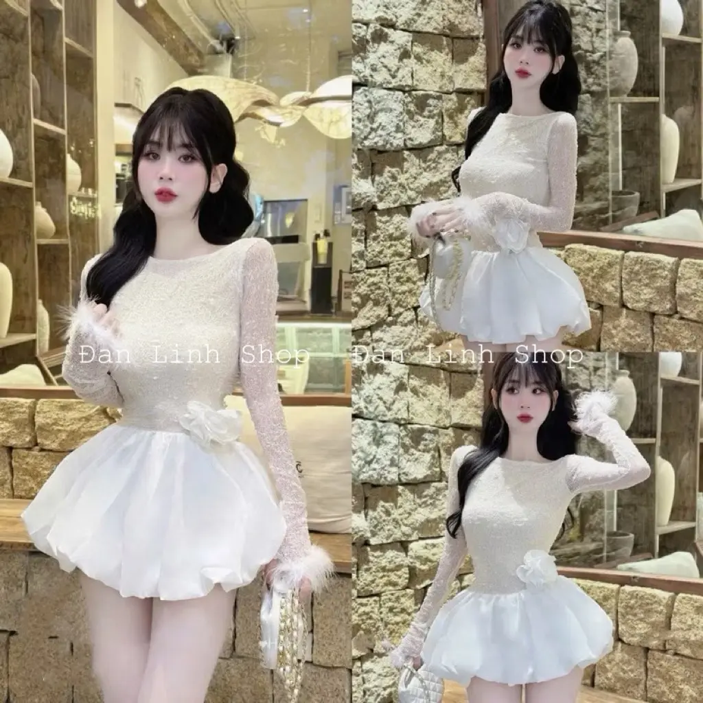 Váy Ren Hai Lớp Tay Lông Đính Hoa Sang Chảnh ( Tặng Kèm Quần Bên Trong )