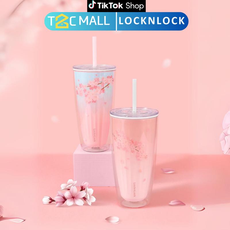 Ly Nhựa 2 Lớp LocknLock 750ML, Cốc Nhựa Cute Có Nắp Kèm Ống Hút và Cọ Rửa, Cốc Uống Nước Xinh Xắn, Cốc Uống Trà, Ly Cách Nhiệt 2 Lớp Dung Tích Lớn Giảm Thoát Nhiệt, Hình Hoa Anh Đào HAP522 - T2C Mall