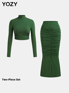 YOZY Women's Solid Tee & Ruched Split Hem Skirt Two-piece Set, Long Sleeve Stand Collar Top & Mermaid Skirt, Ladies Clothes for All Seasons
